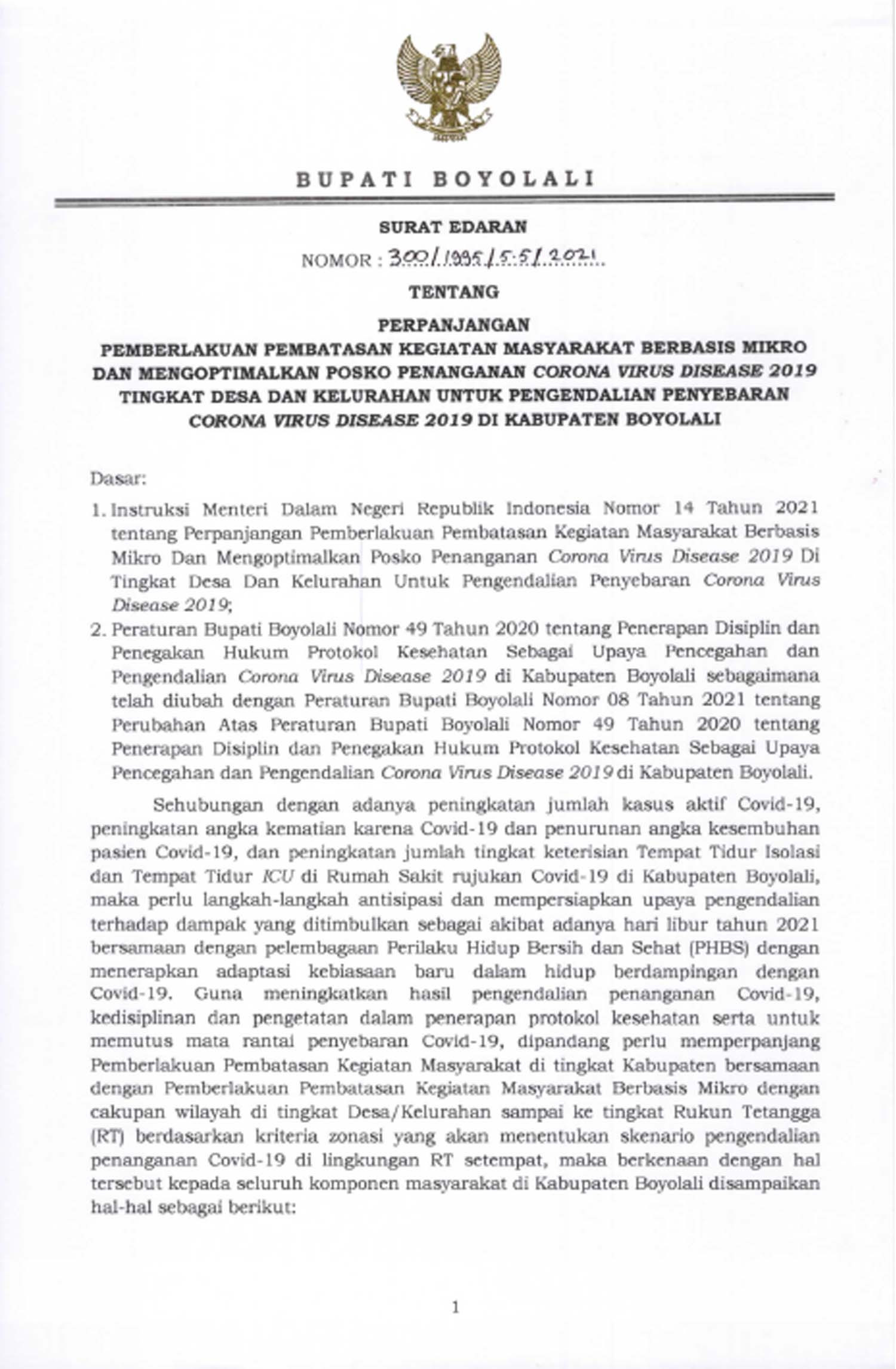 SE BUPATI 22 JUNI-5 JULI PERPANJANGAN PPKM MIKRO